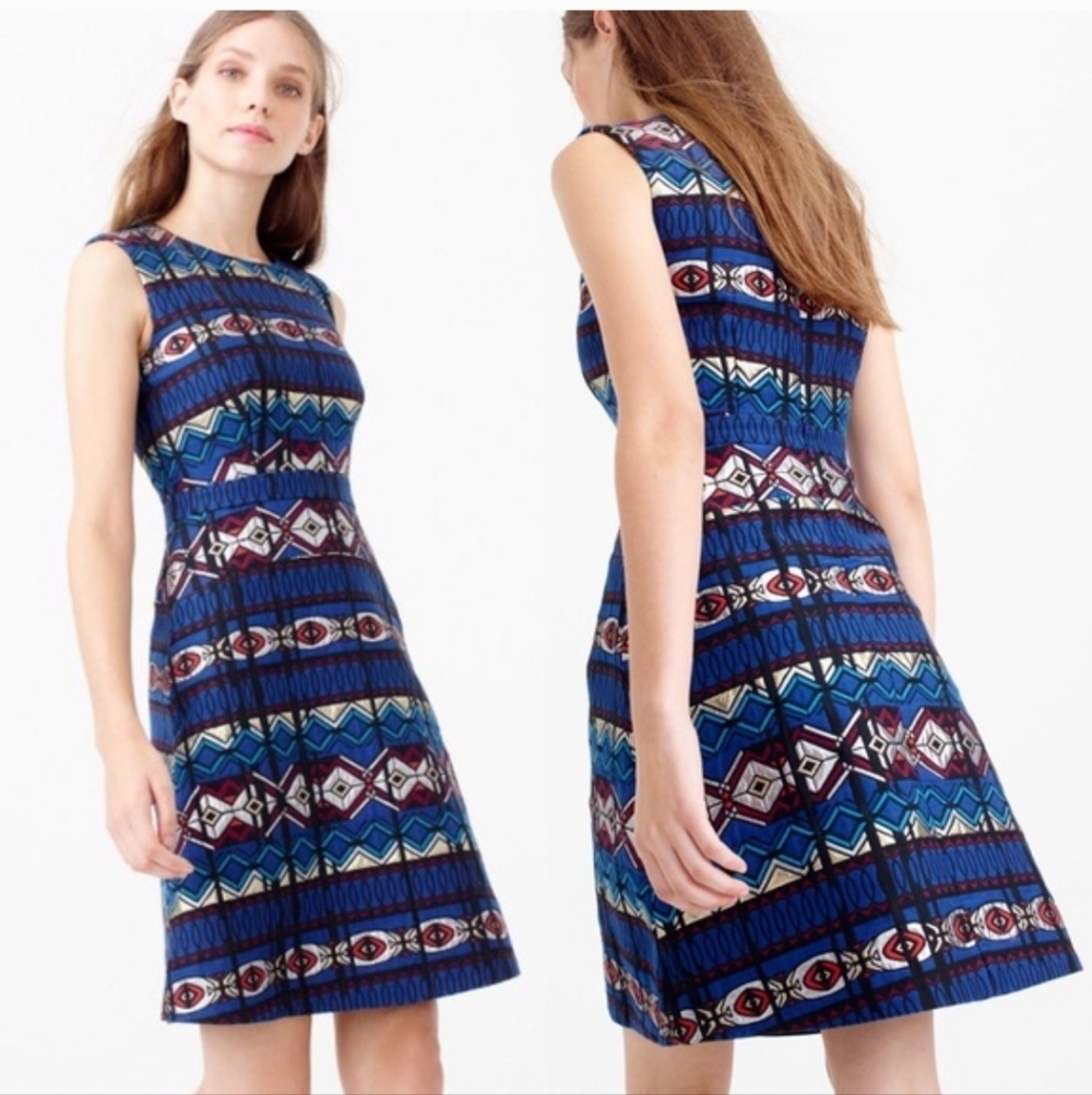 $228 NWT J.Crew Textured Windowpane Jacquard A-Line Dress Blue Geometric Print 6